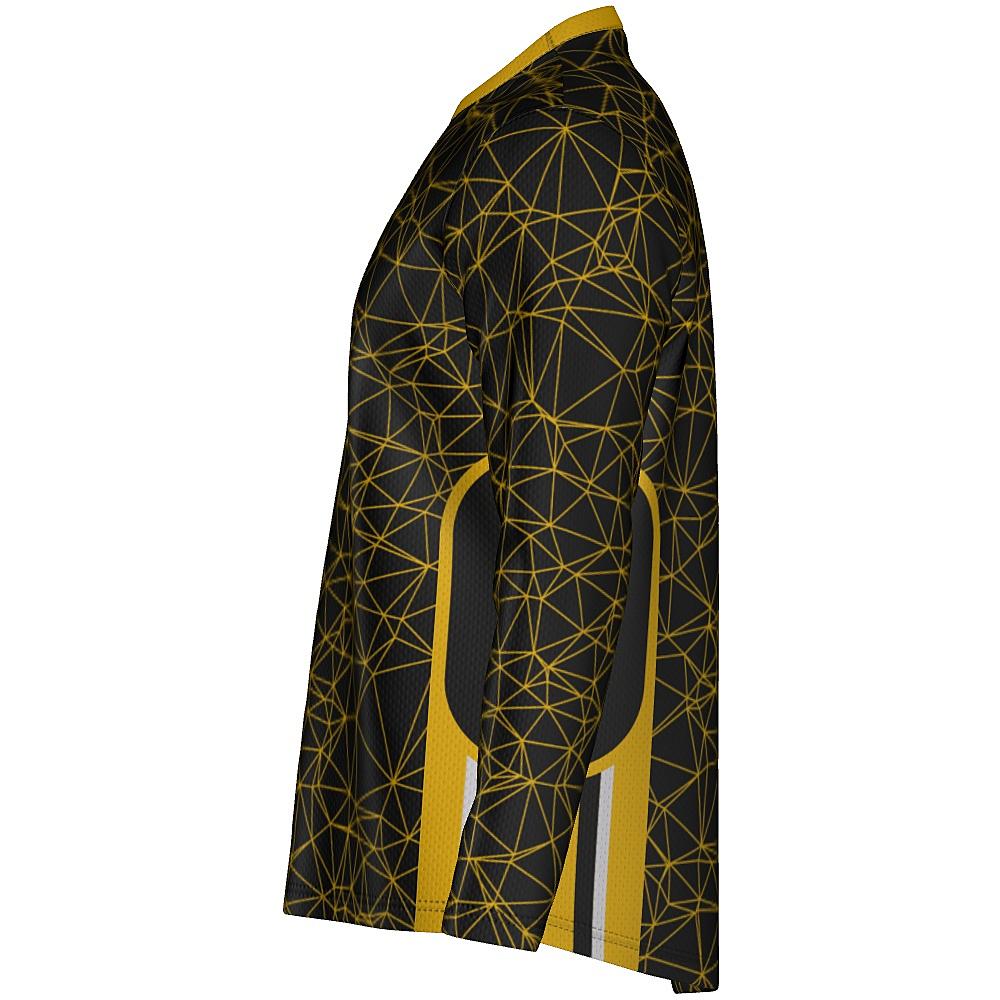Black long-sleeve shirt with yellow geometric design on a white background