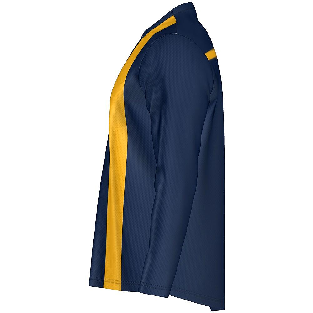 Navy long-sleeve shirt with yellow stripes on a white background