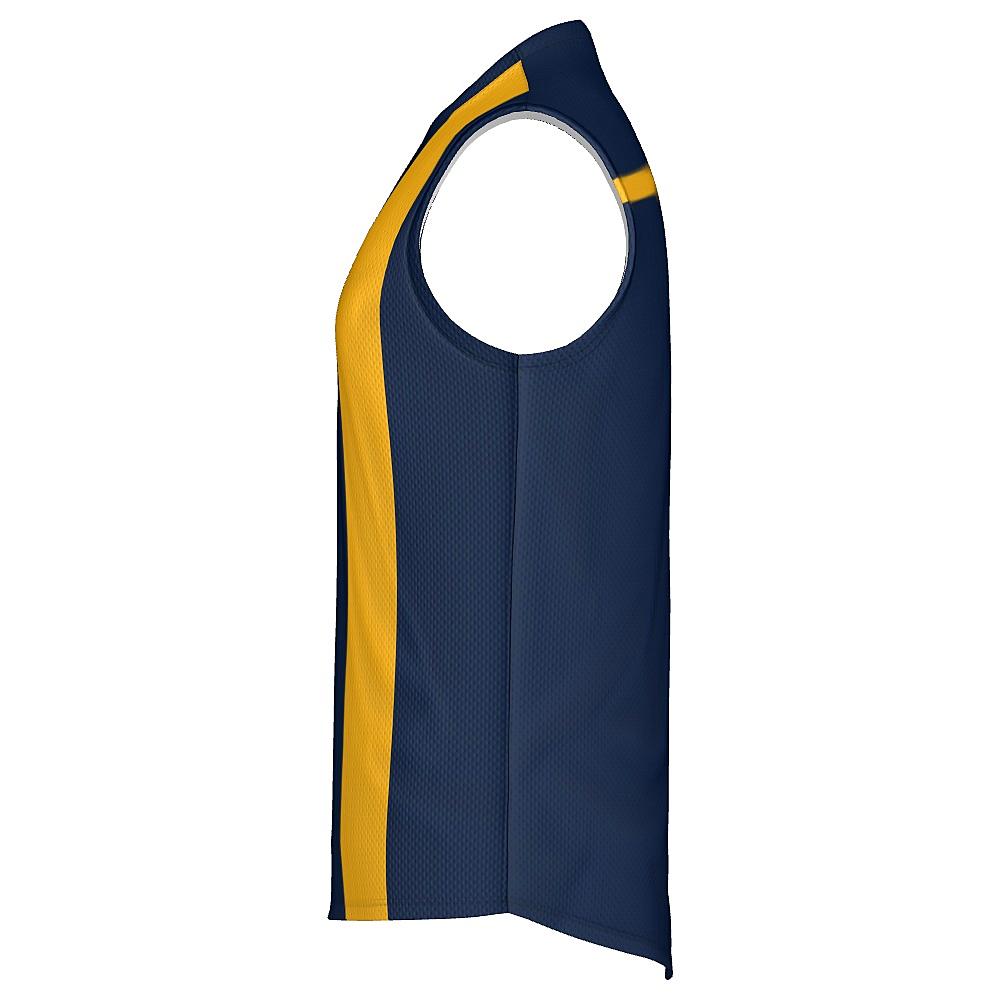 Navy sleeveless shirt with yellow stripes on a white background