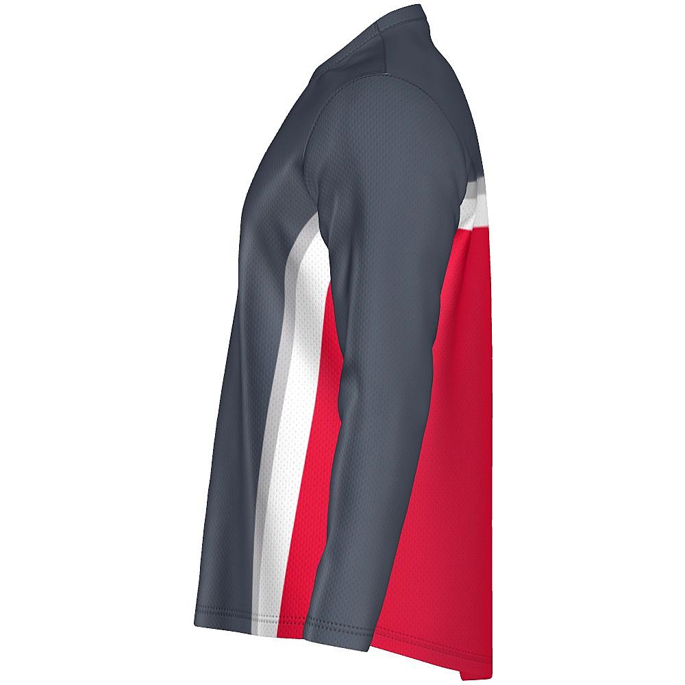 Grey long-sleeve shirt with white and red accents on a white background