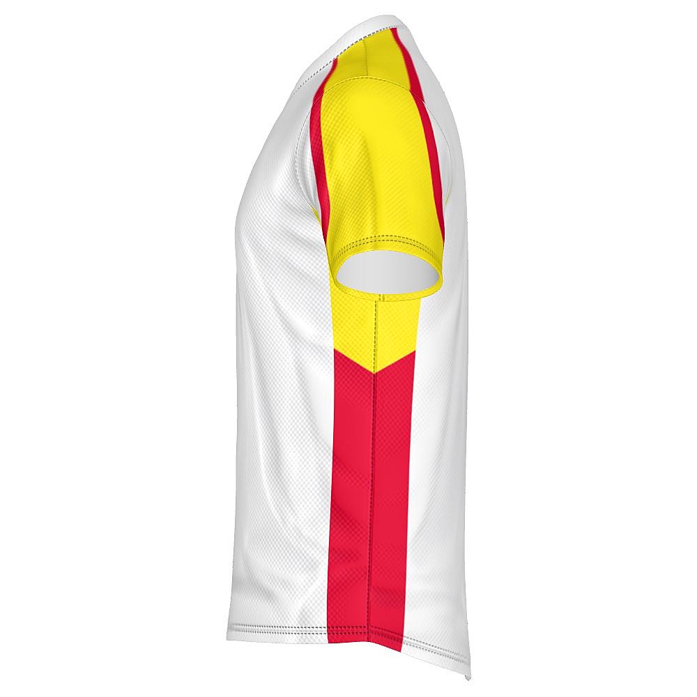 White shirt with yellow and red accents on a white background