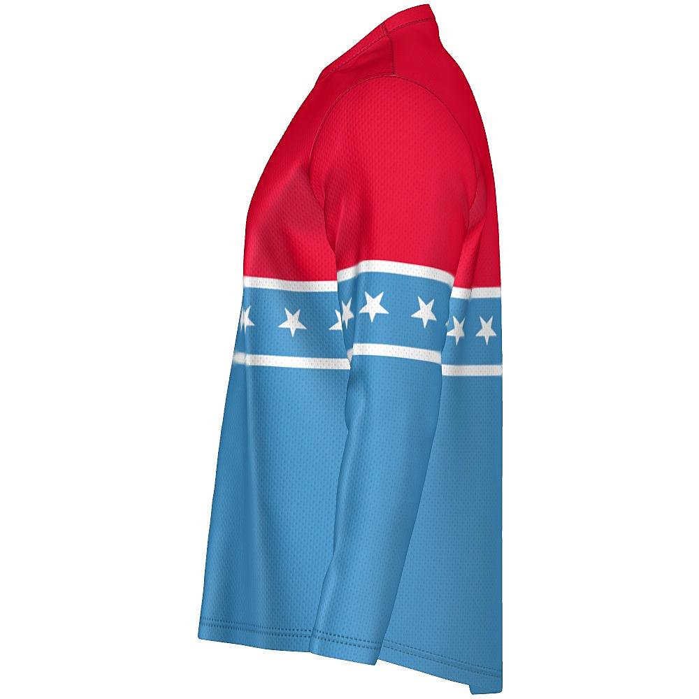 Blue and red long-sleeve shirt with white stars and stripes on a white background