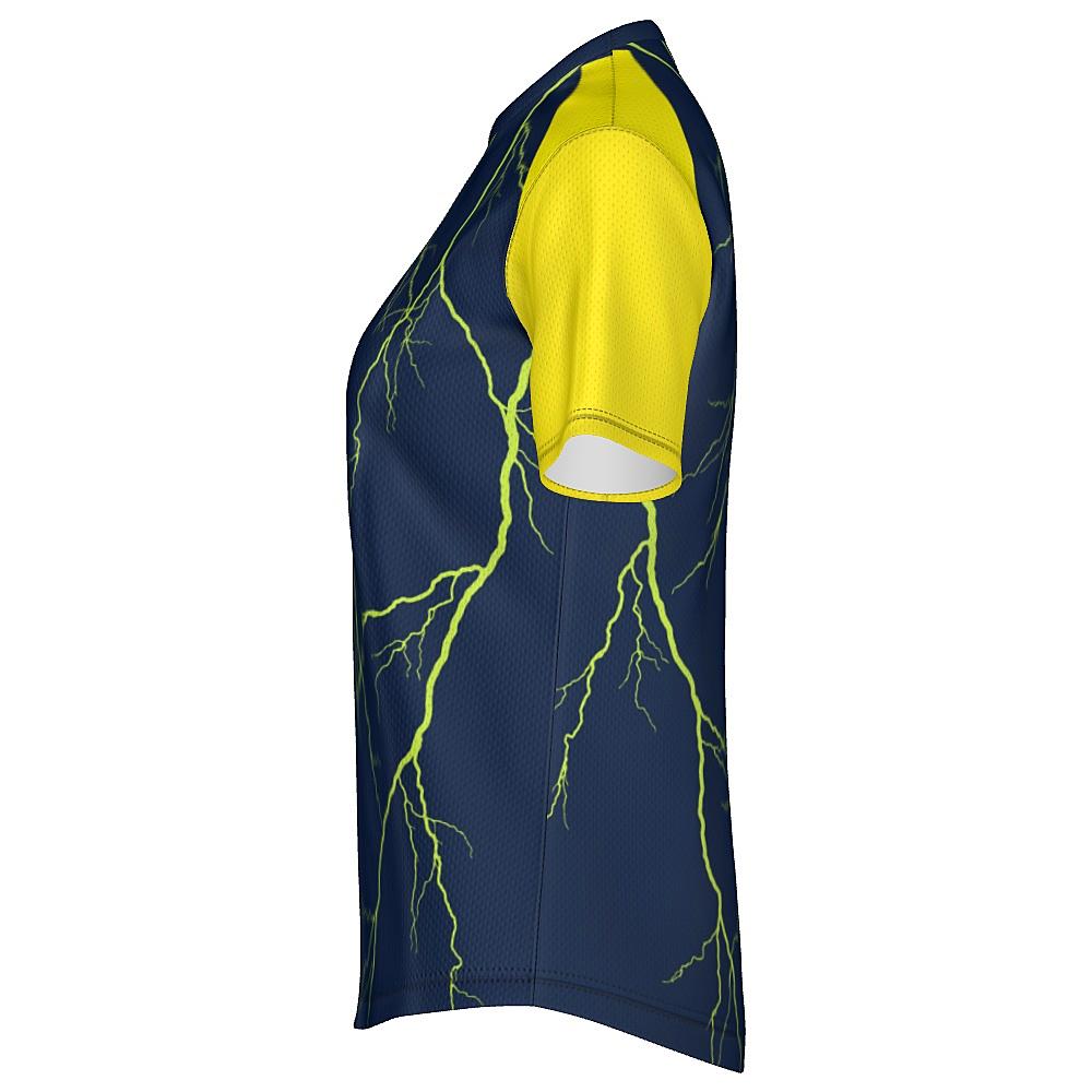 Navy shirt with yellow sleeves and lightning design on a white background
