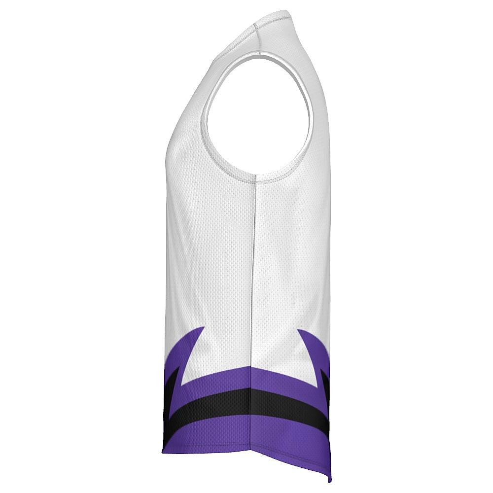 White sleeveless shirt with black and purple accents on a white background