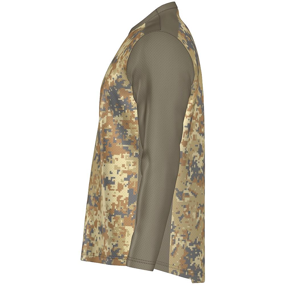 Earth-tone long-sleeve shirt with digital camo design on a white background