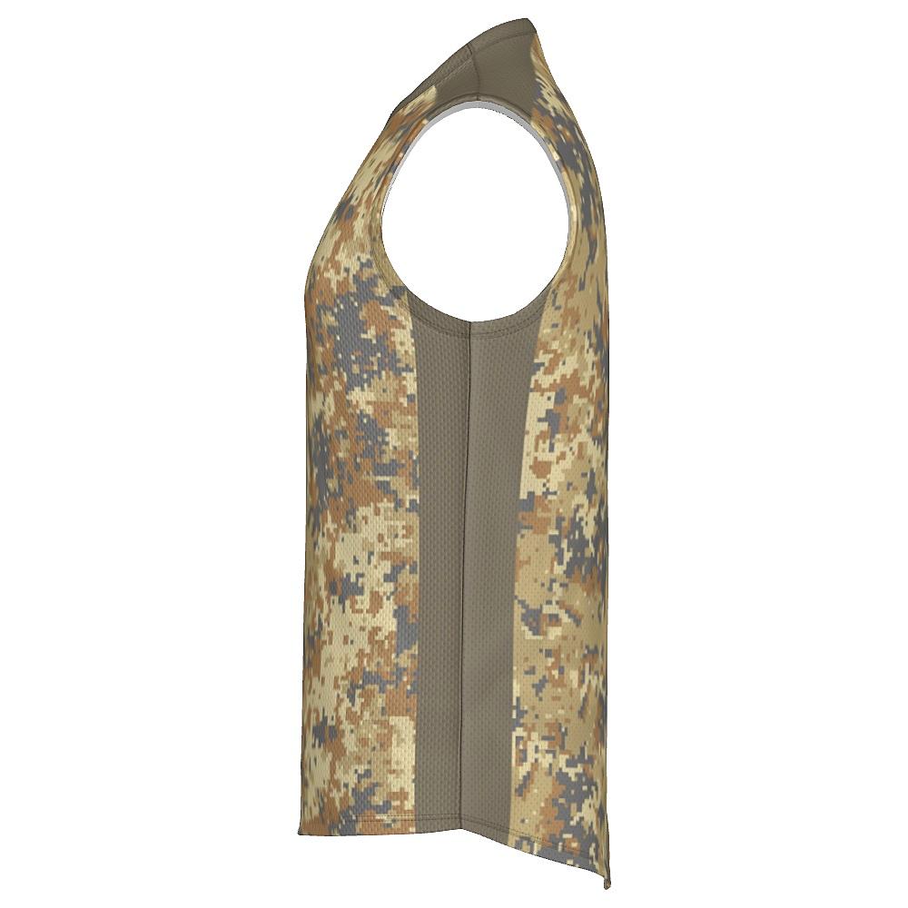 Earth-tone sleeveless shirt with digital camo design on a white background