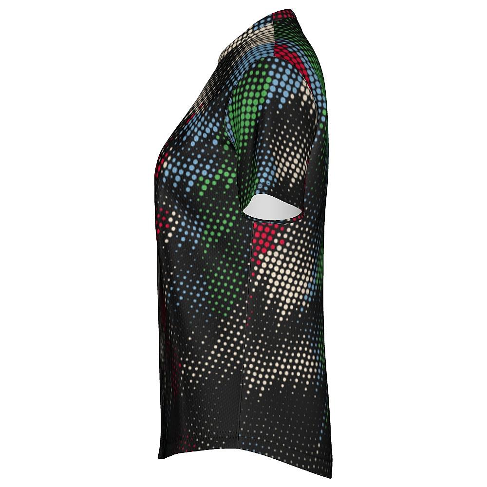 Black shirt with multicolored dot pattern on a white background