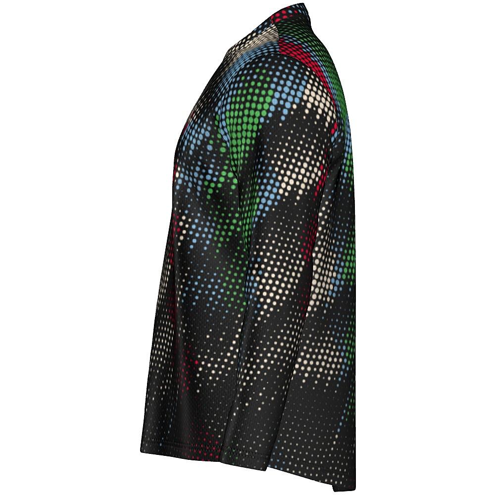 Black long-sleeve shirt with multicolored dot pattern on a white background
