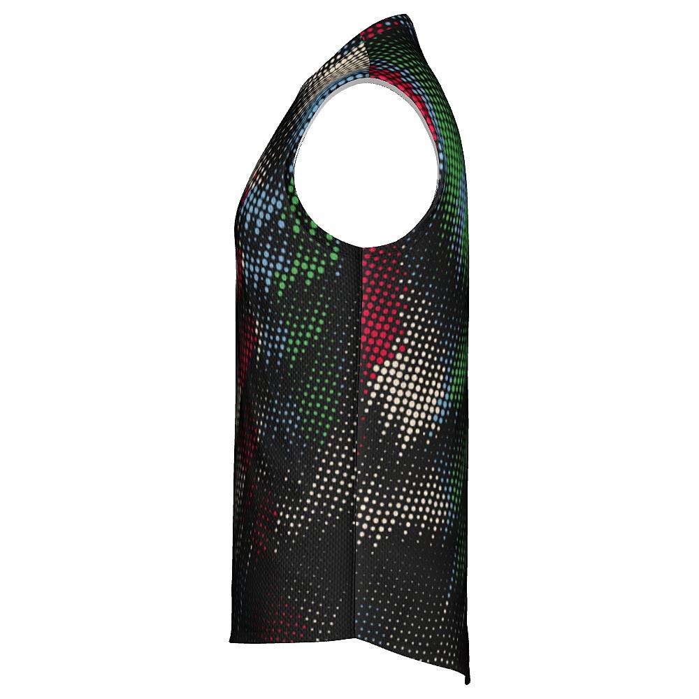 Black sleeveless shirt with multicolored dot pattern on a white background