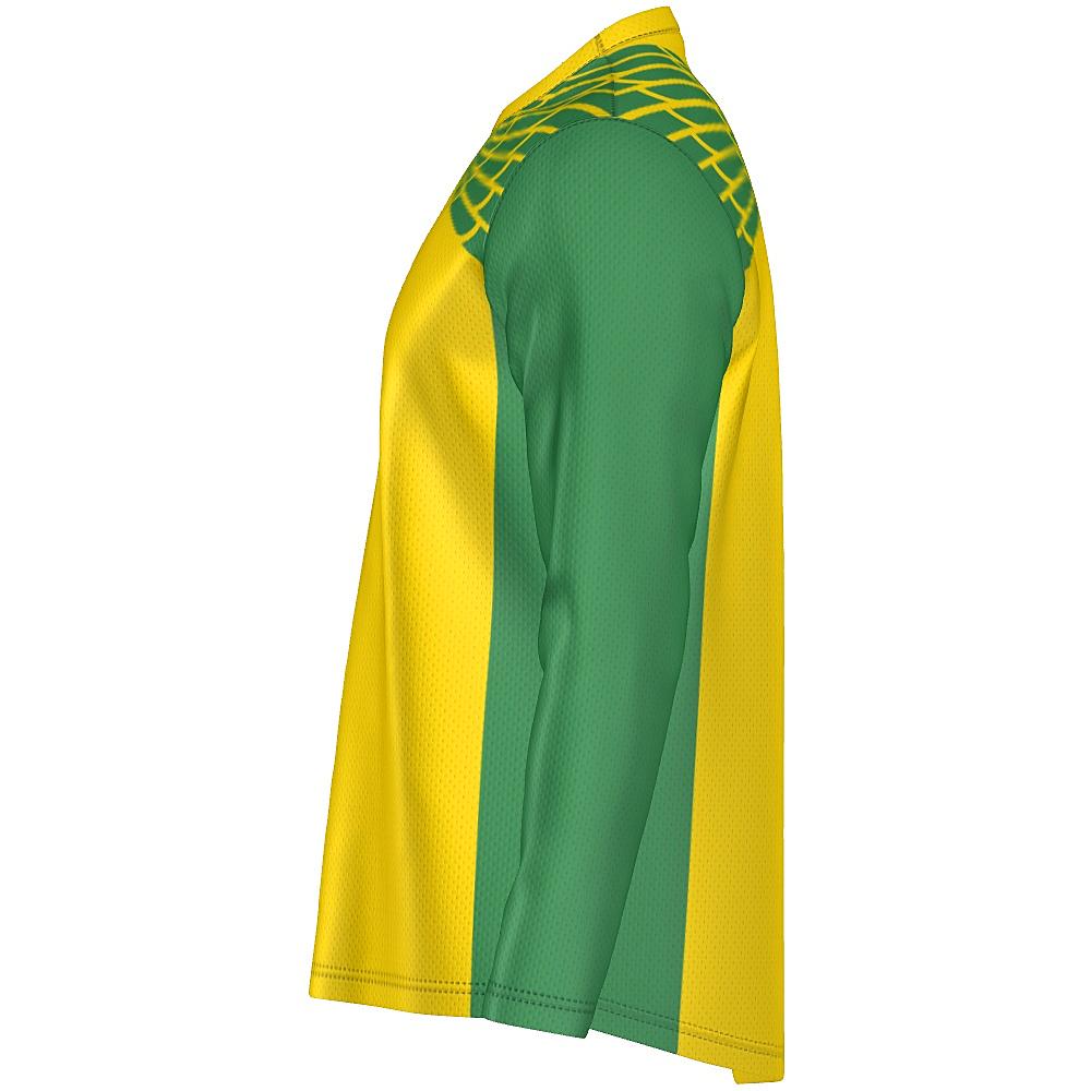 Yellow and green long-sleeve shirt with feather design on upper chest and back