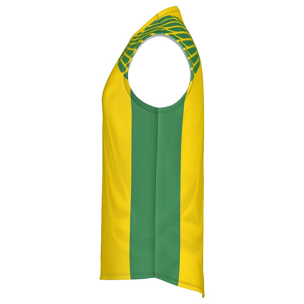 Yellow and green sleeveless shirt with feather design on upper chest and back