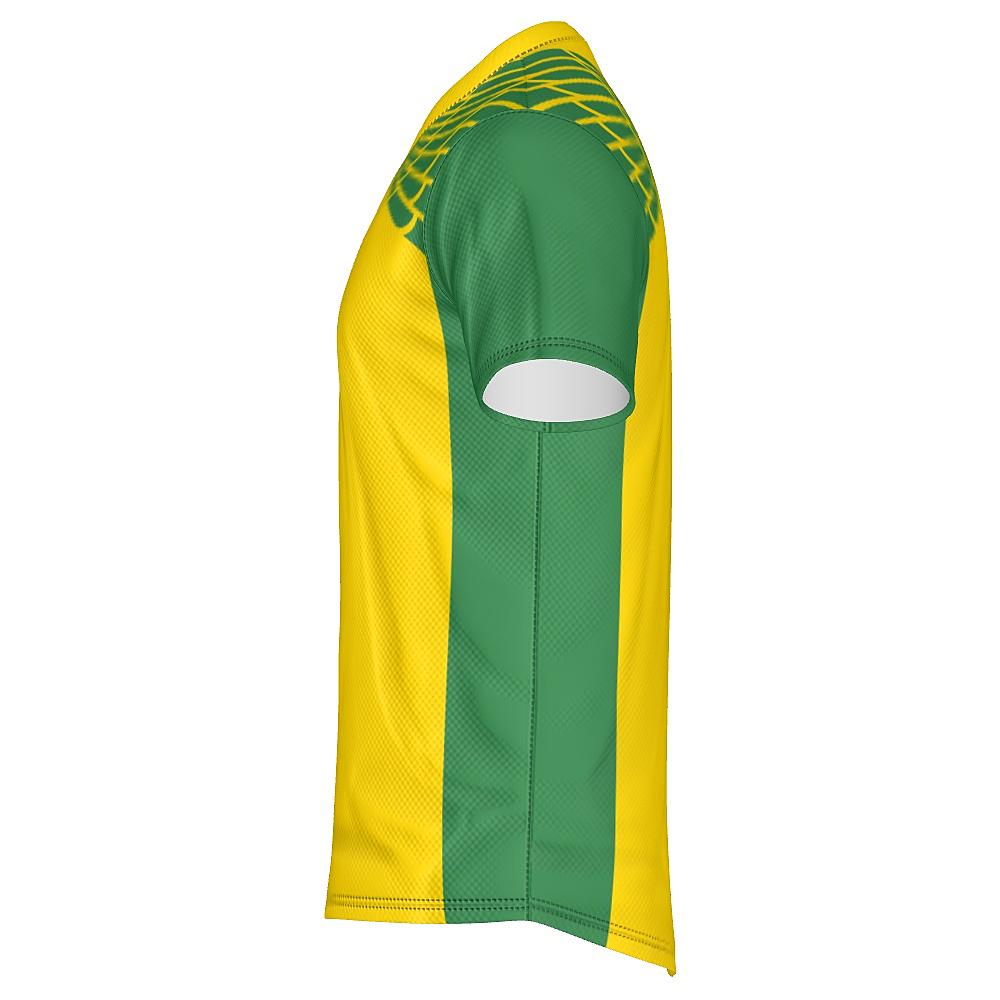 Yellow and green shirt with feather design on upper chest and shoulders