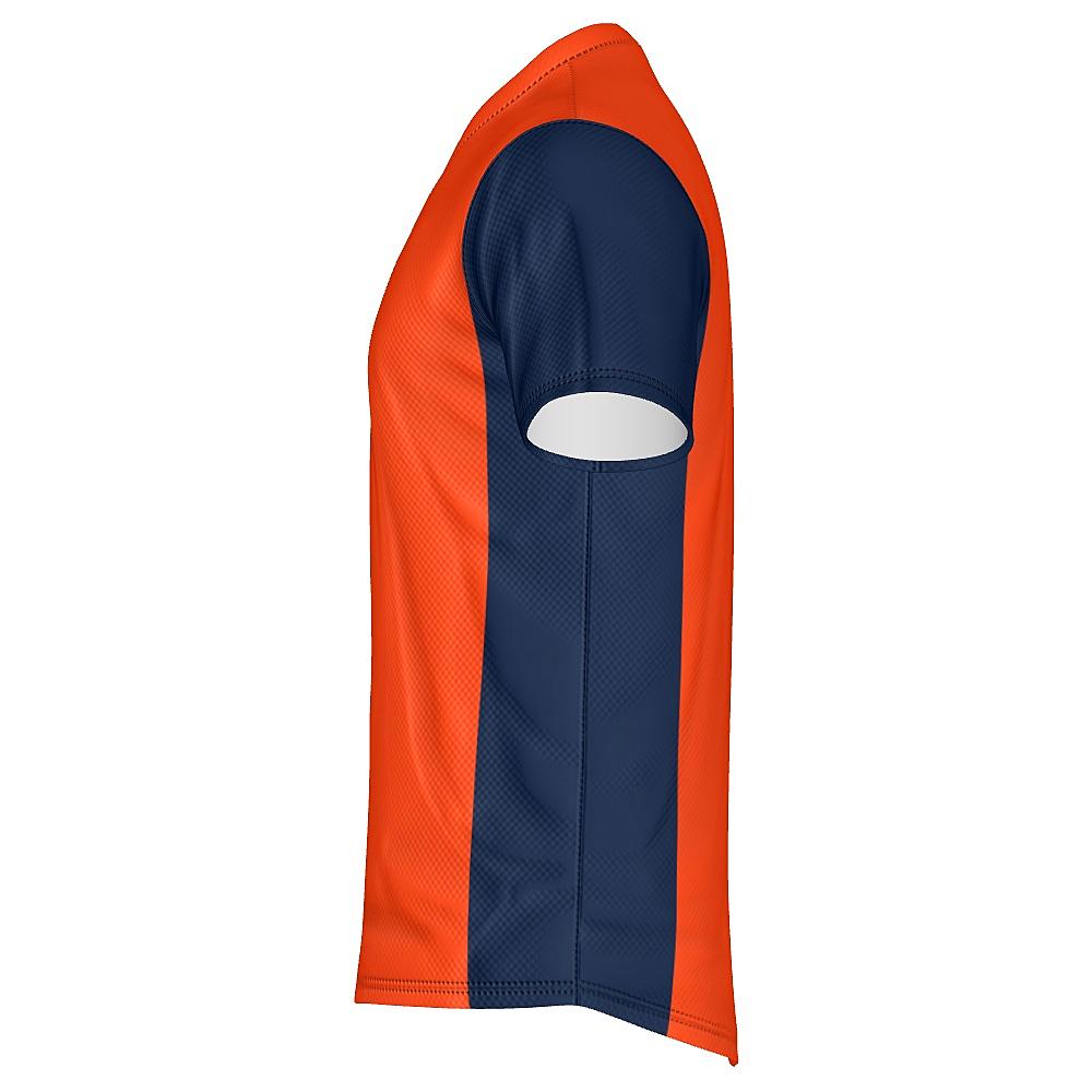 Orange shirt with navy sleeves and side panels on a white background