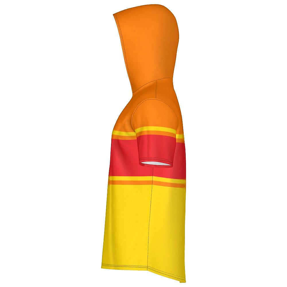 Red, orange and yellow short-sleeve hoodie on a white background