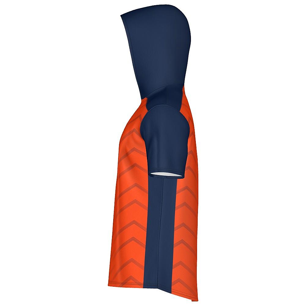 Orange short-sleeve hoodie with navy accents and chevron design on a white background