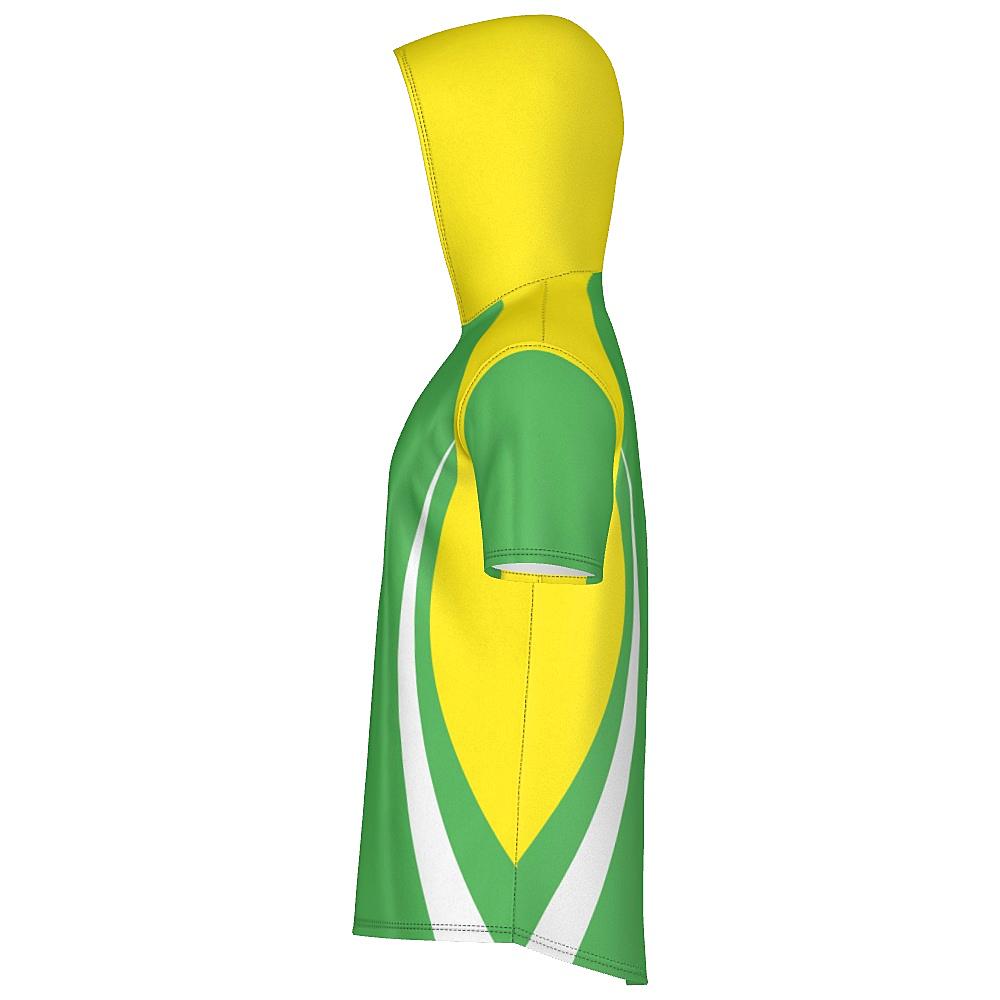 Green short-sleeve hoodie with yellow and white accents on a white background