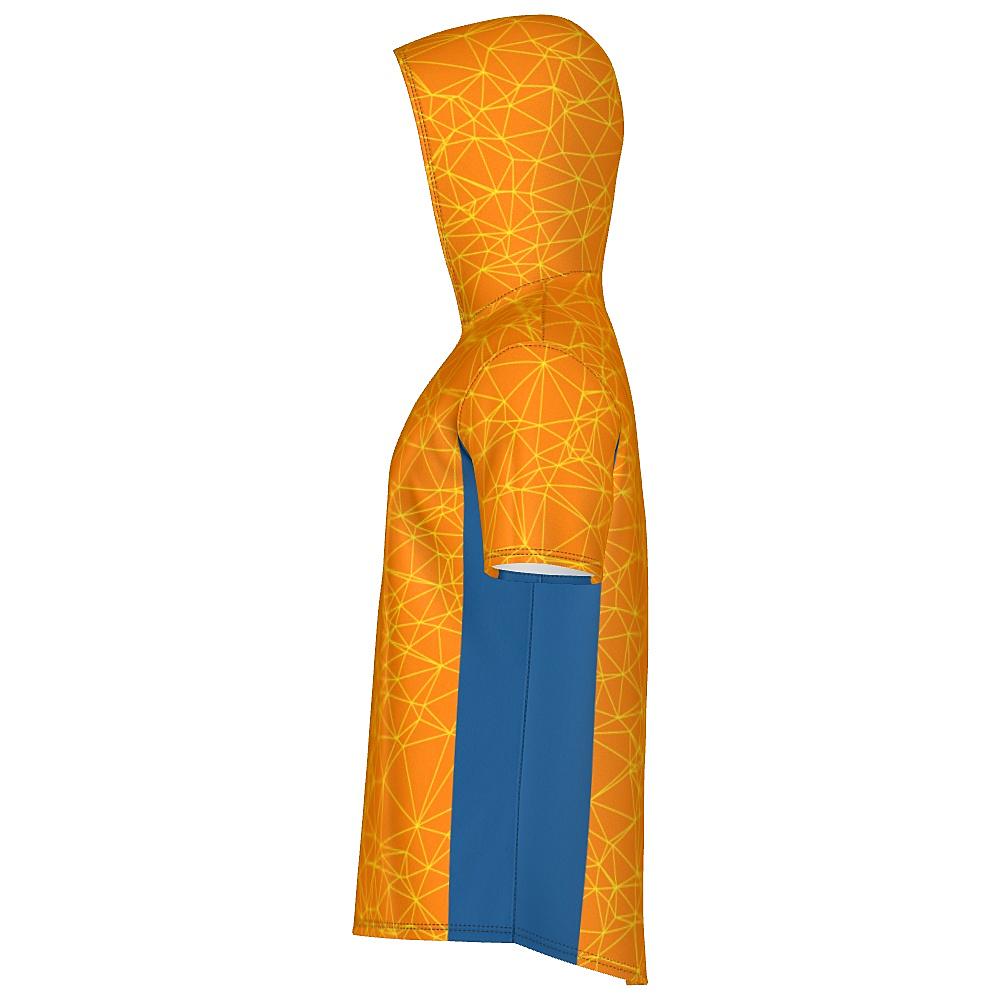 Orange short-sleeve hoodie with yellow geometric design and blue accents on a white background