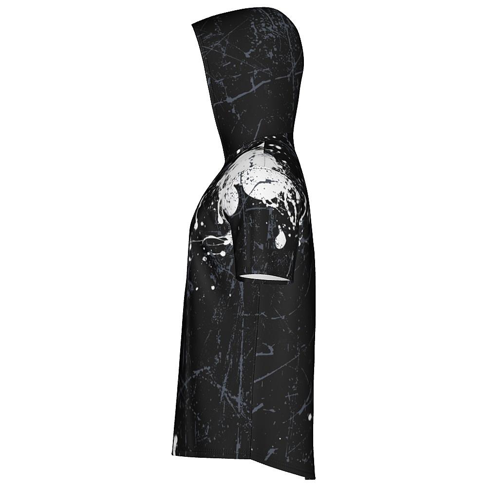 Black short-sleeve hoodie with white and grey distressed design on a white background
