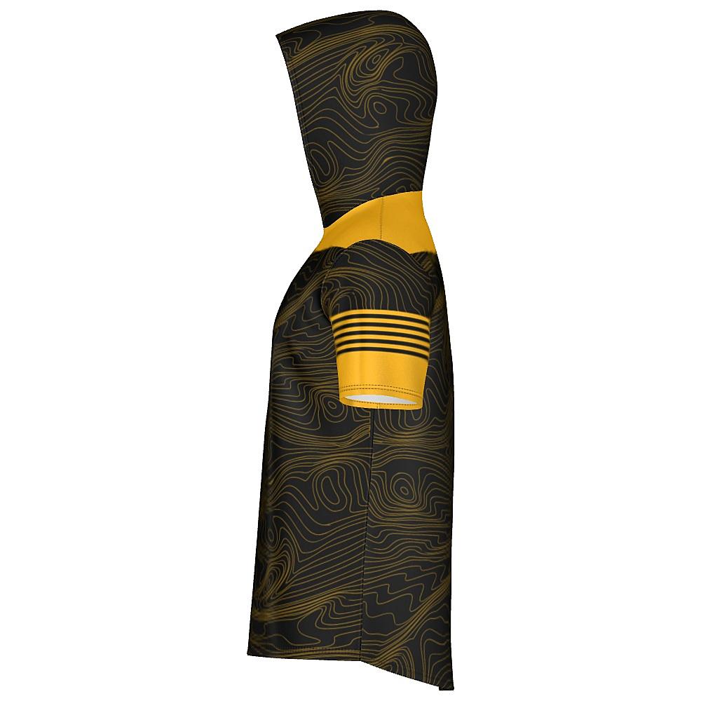 Black short-sleeve hoodie with yellow accents and topographic design on a white background