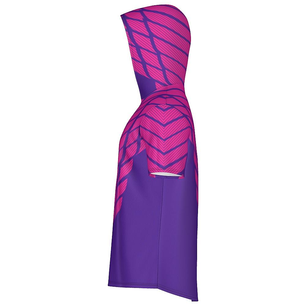 Pink and purple short-sleeve hoodie with striped design on a white background