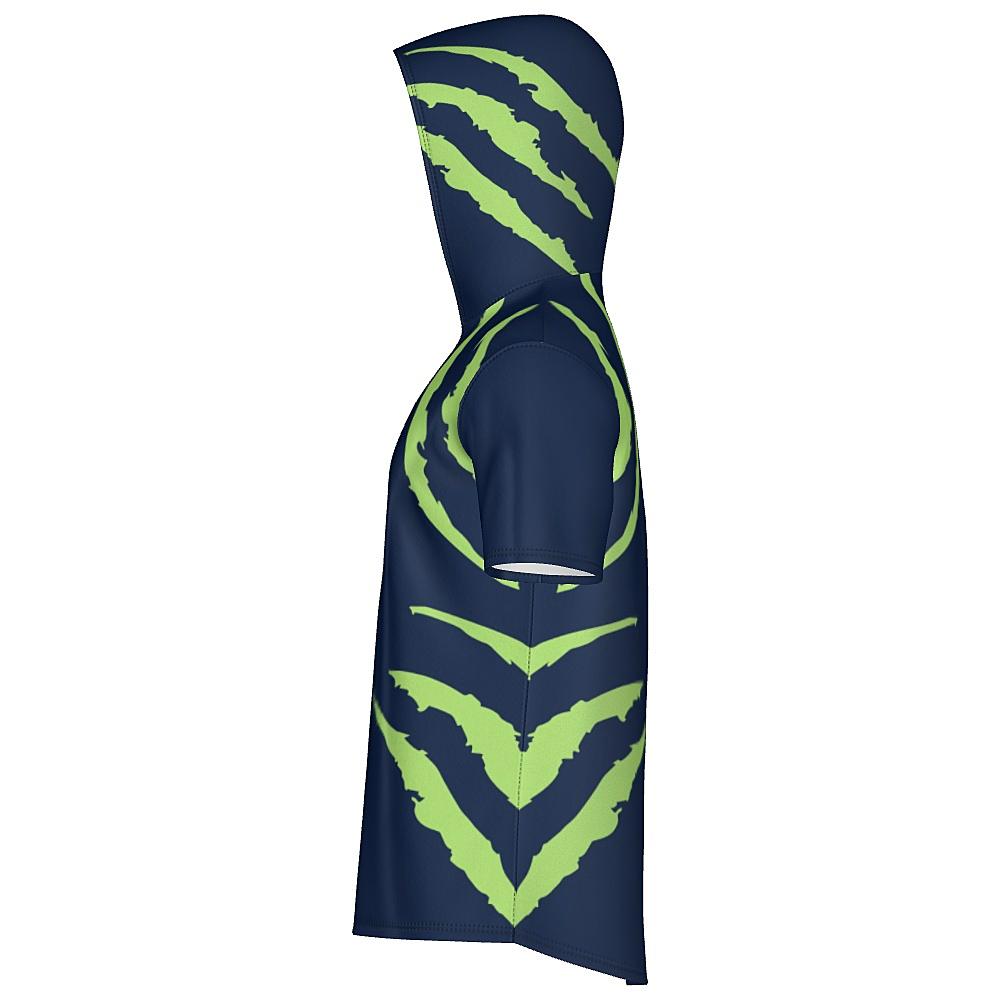 Blue short-sleeve hoodie with green accents on a white background