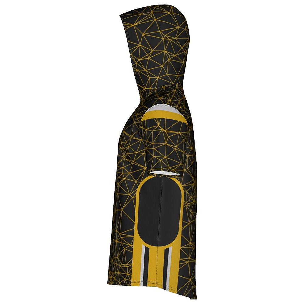 Black short-sleeve hoodie with yellow geometric design on a white background