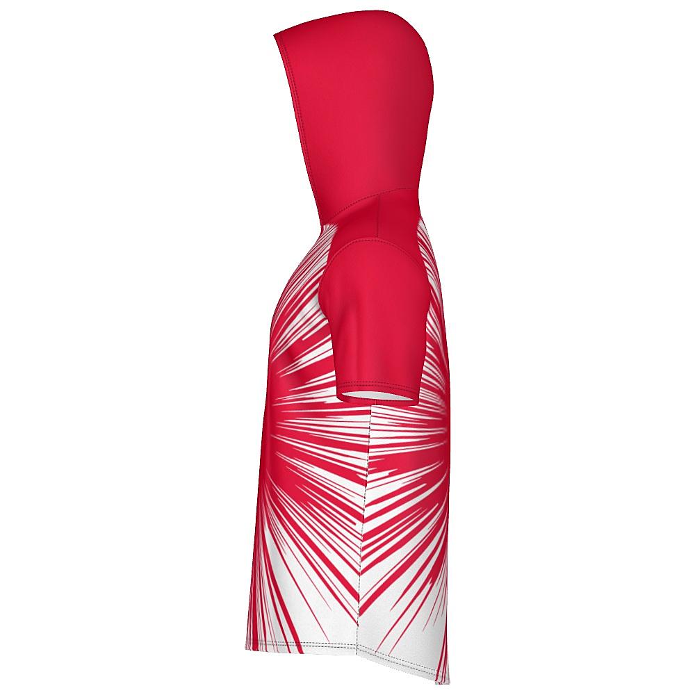 Red short-sleeve hoodie with starburst design on a white background