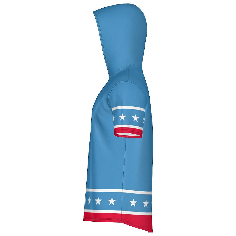 Blue short-sleeve hoodie with white stars and red stripes on a white background