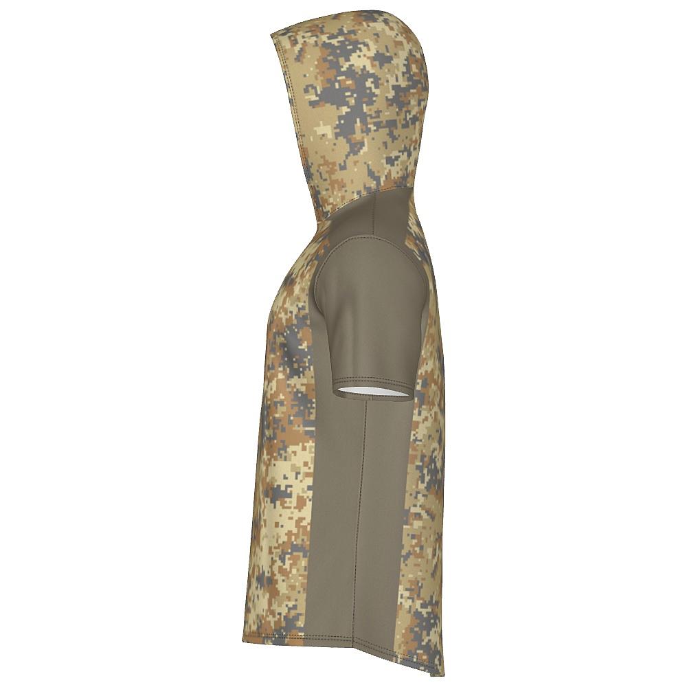 Earth-tone short-sleeve hoodie with digital camo design on a white background