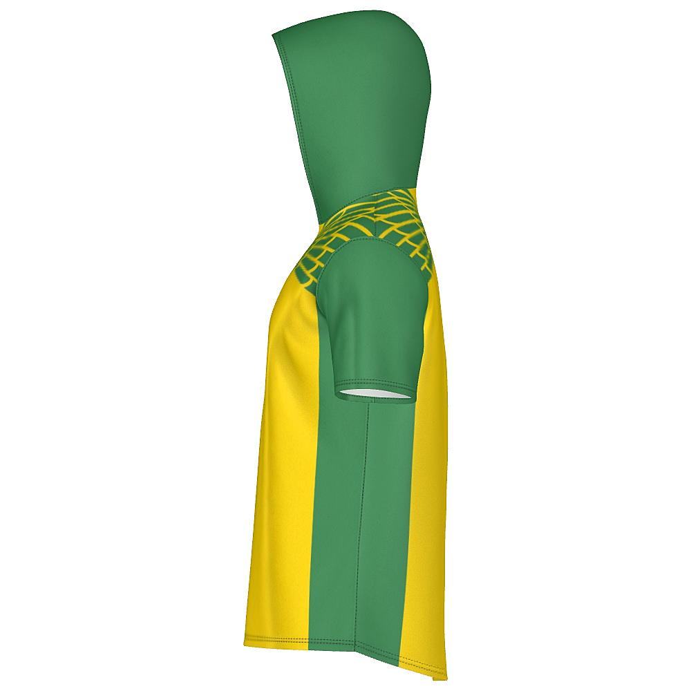 Yellow and green short-sleeve hoodie with feather design on upper chest and back