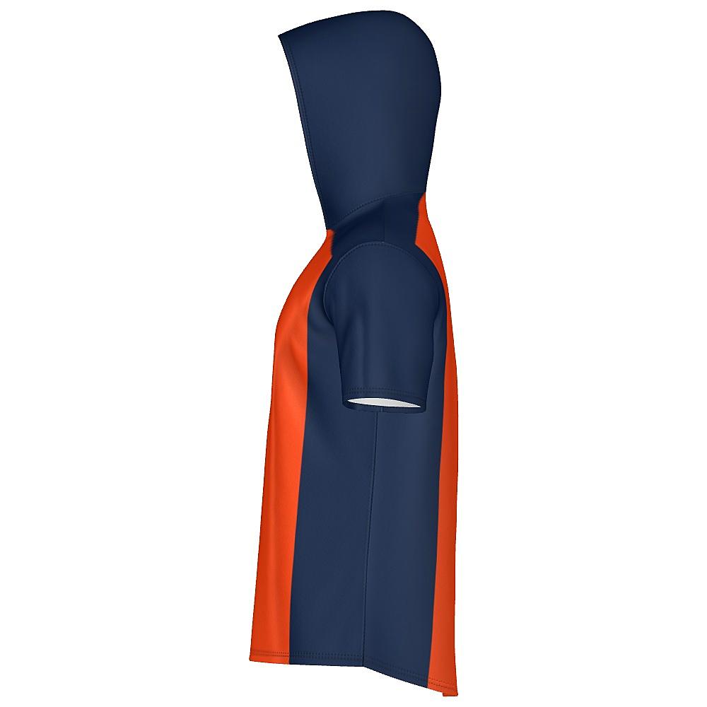 Orange short-sleeve hoodie with navy sides and hood on a white background