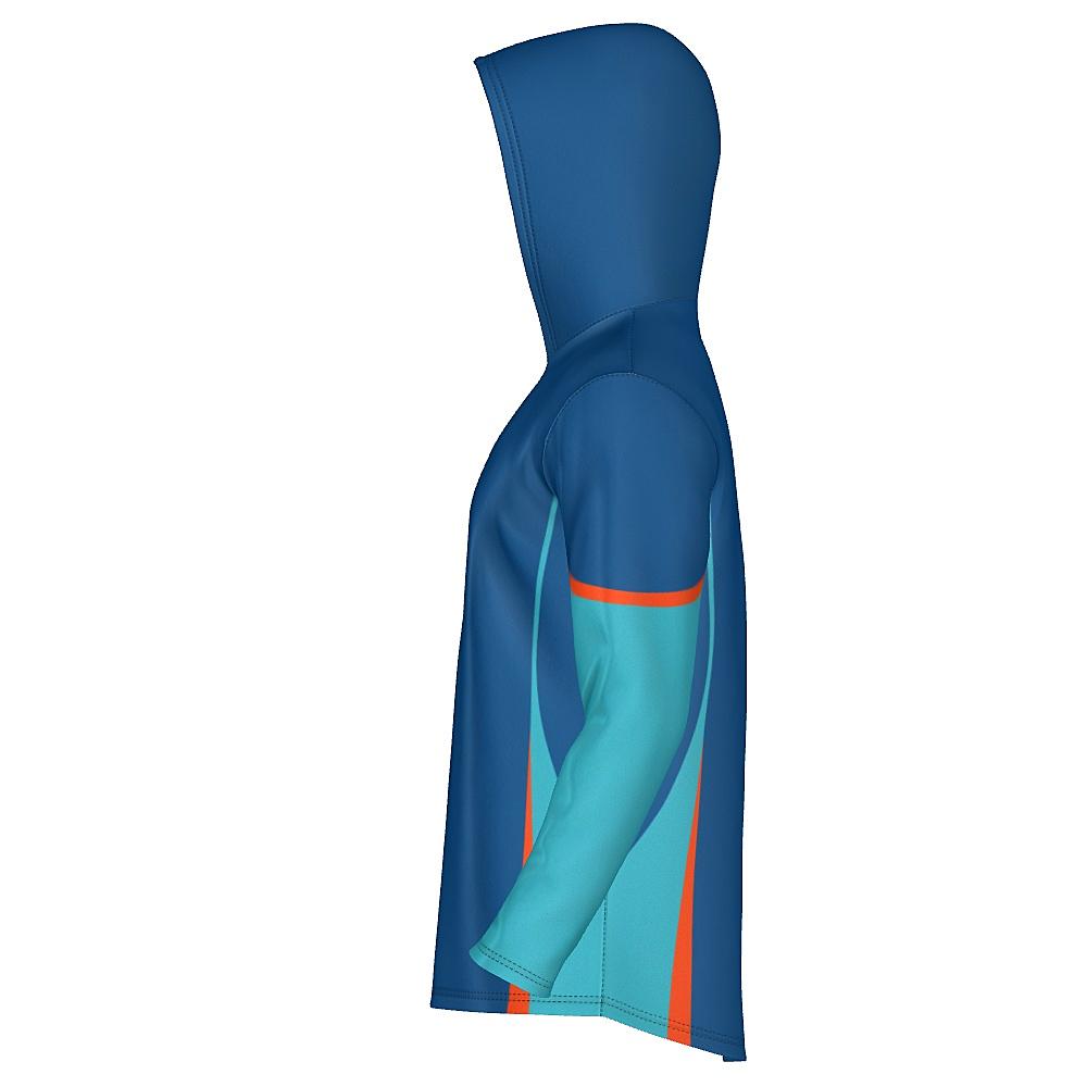 Blue hoodie with teal and orange accents on a white background