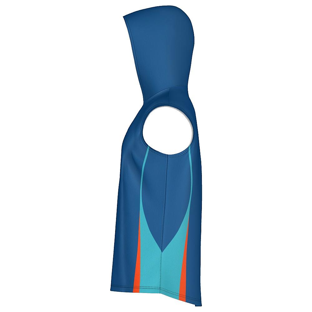 Blue sleeveless hoodie with teal and orange accents on a white background