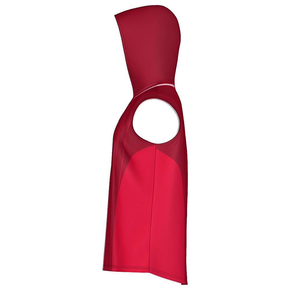 Red sleeveless hoodie with pinstripe design on a white background