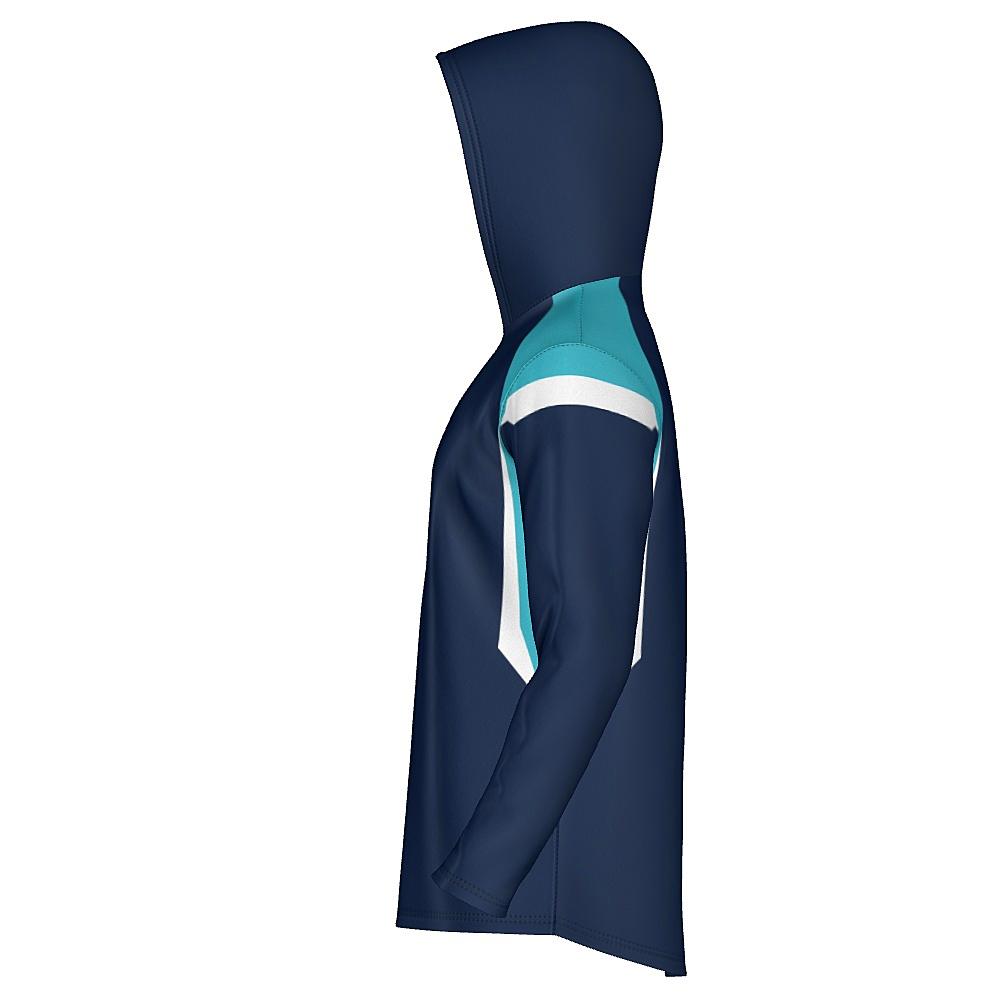 Navy hoodie with light blue and white accents on a white background