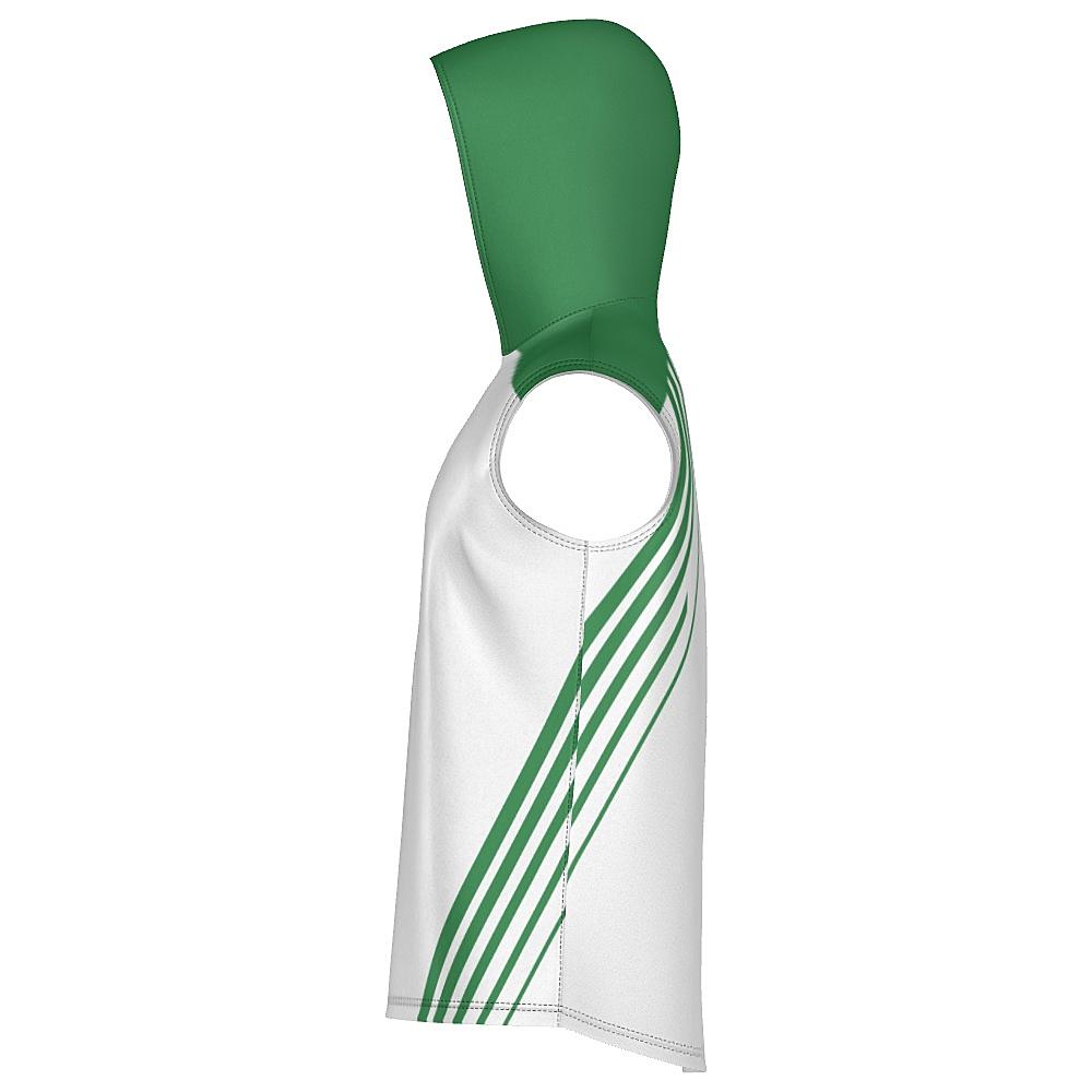 White sleeveless hoodie with green accents on a white background