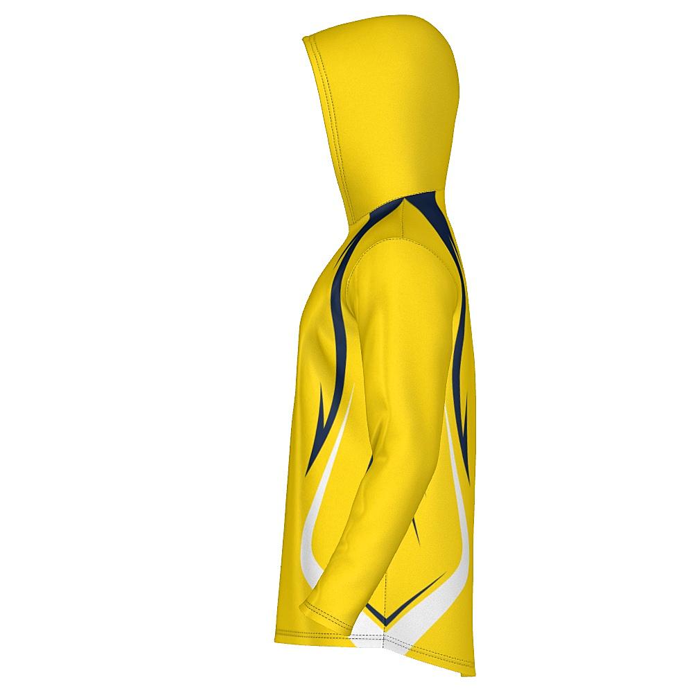 Yellow hoodie with navy and white accents on a white background