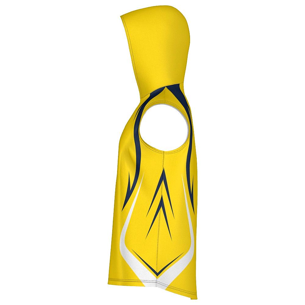 Yellow sleeveless hoodie with navy and white accents on a white background