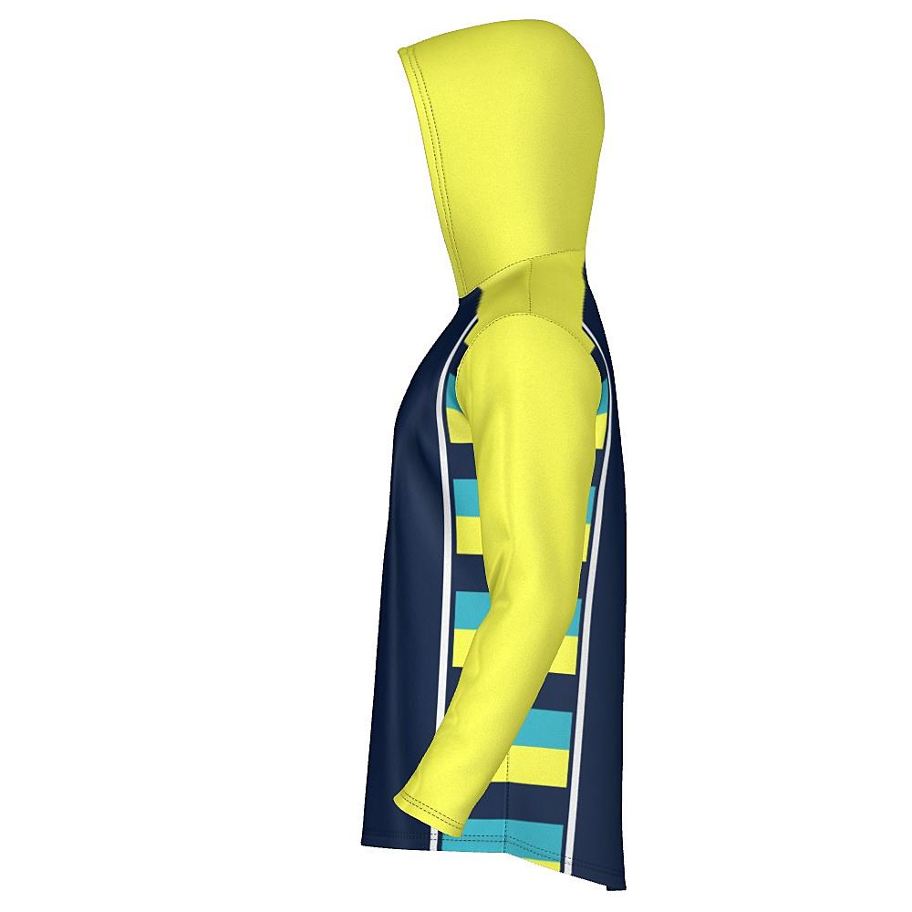 Navy hoodie with yellow sleeves and striped side panels on a white background