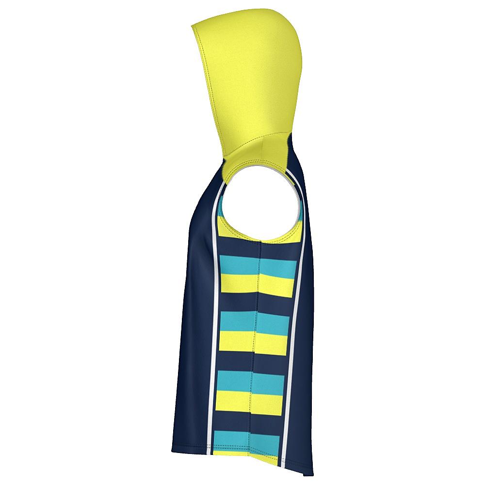 Navy sleeveless hoodie with yellow hood and striped side panels on a white background