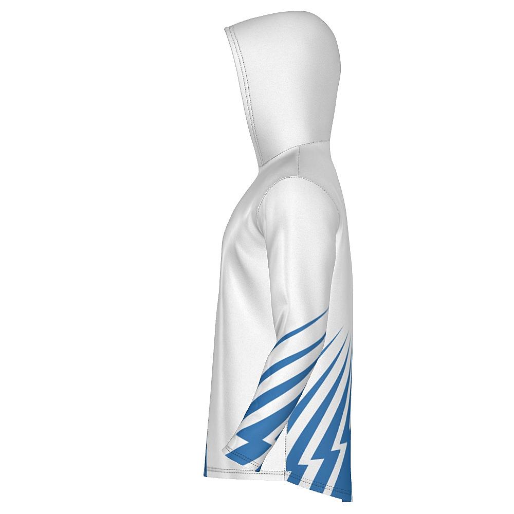 White hoodie with blue bolt-shaped accents on a white background
