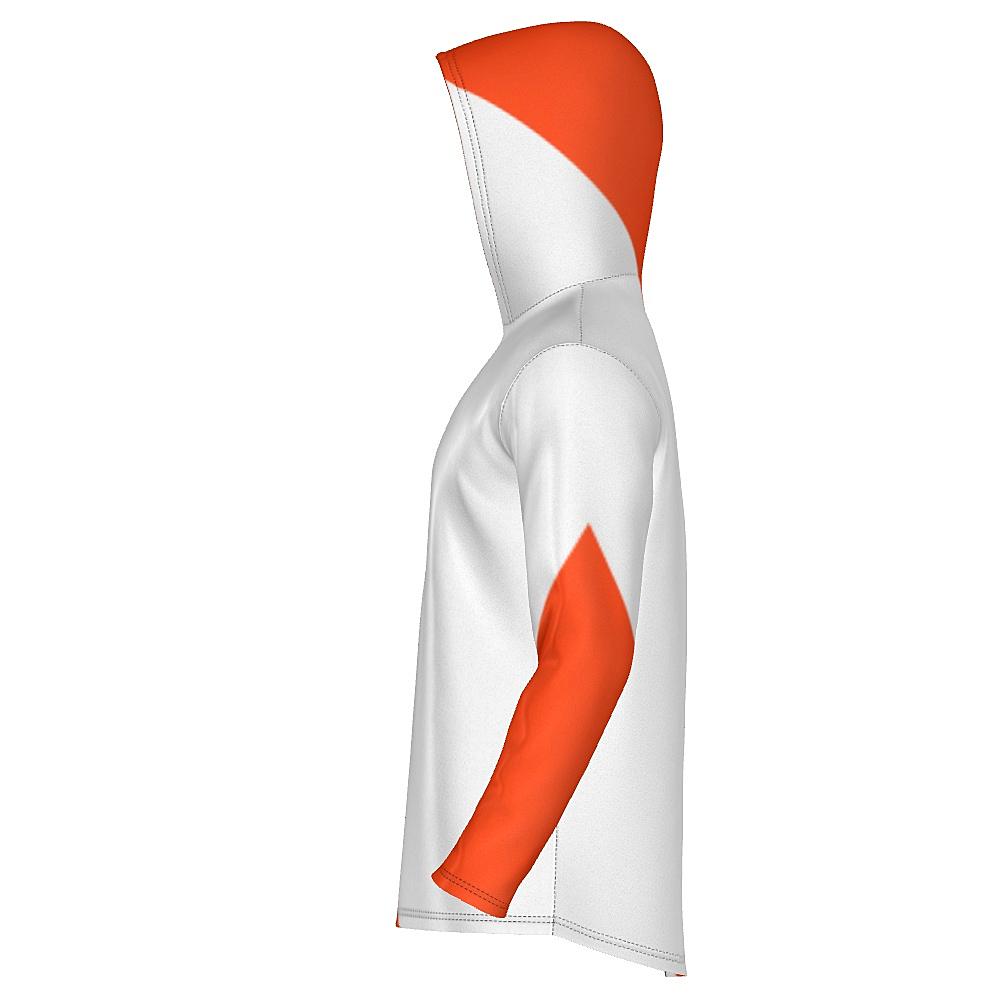 White hoodie with black and orange curved stripes on a white background