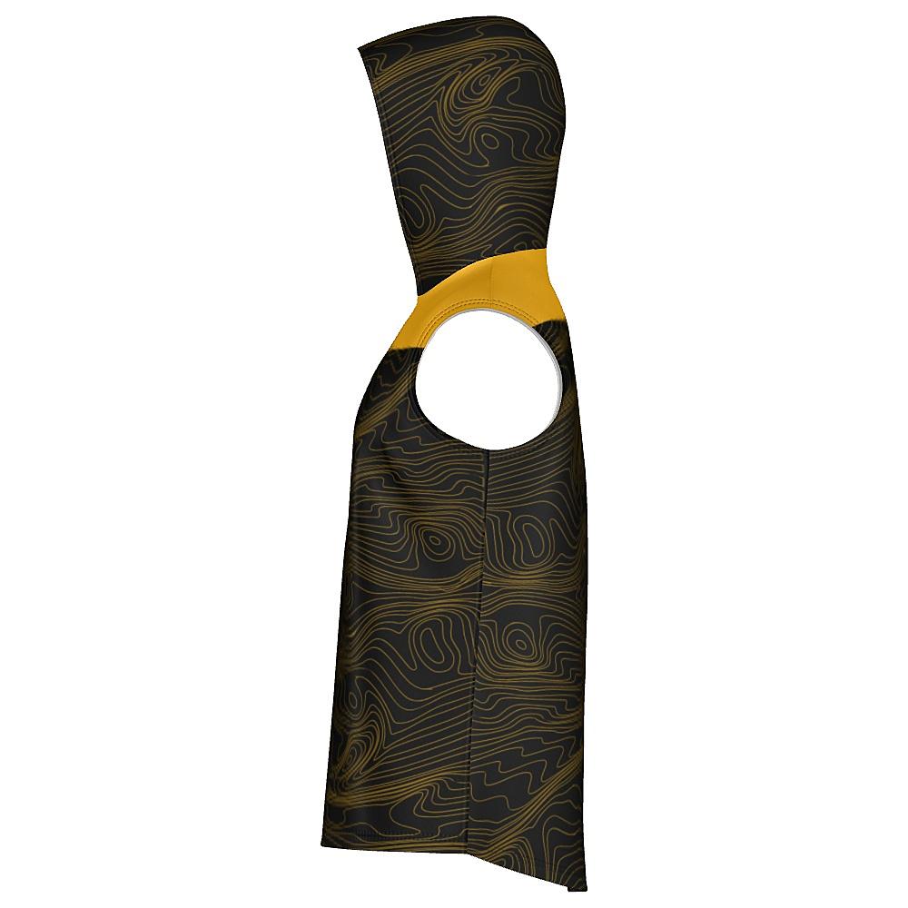 Black sleeveless hoodie with yellow accents and topographic design on a white background