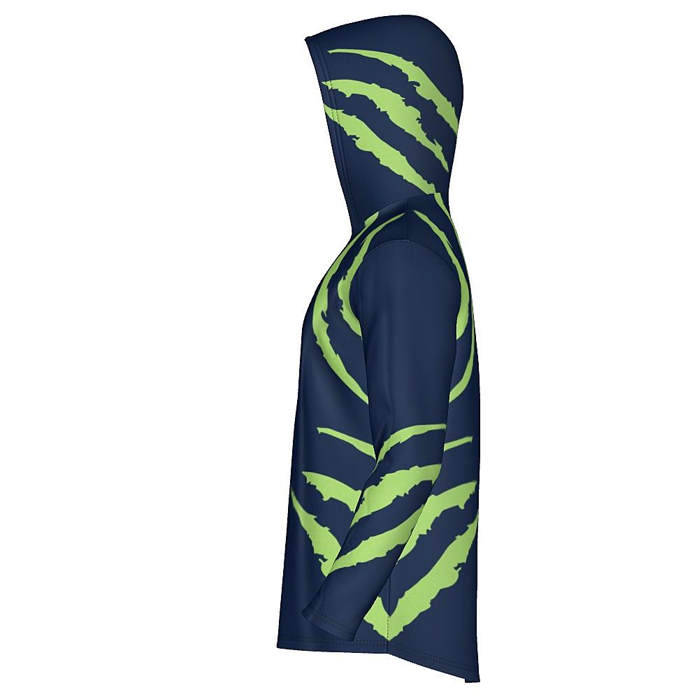 Blue hoodie with green accents on a white background