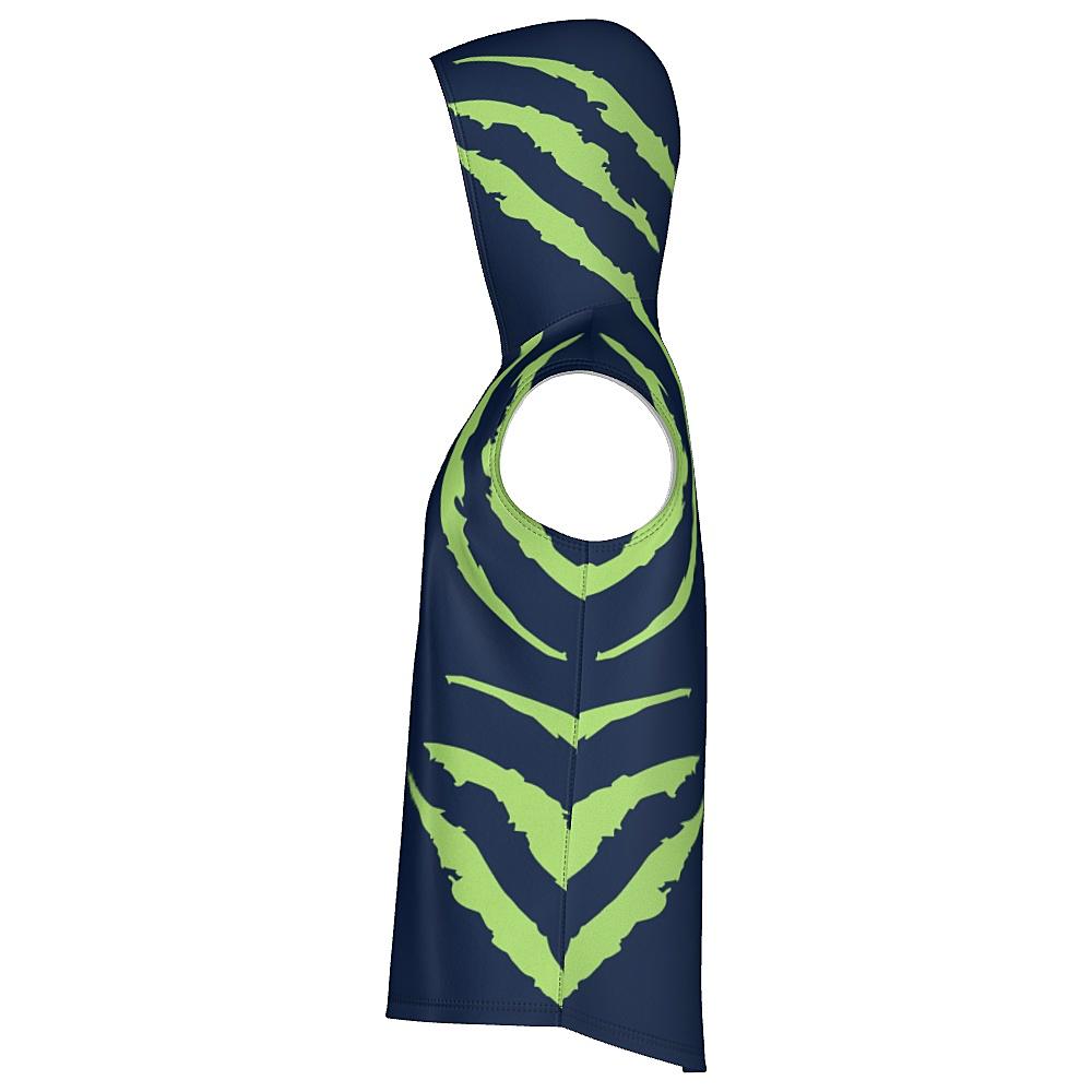 Blue sleeveless hoodie with green accents on a white background