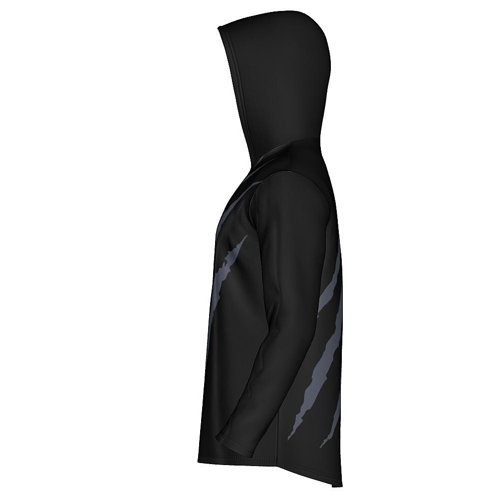 Black hoodie with grey claw-mark design on a white background