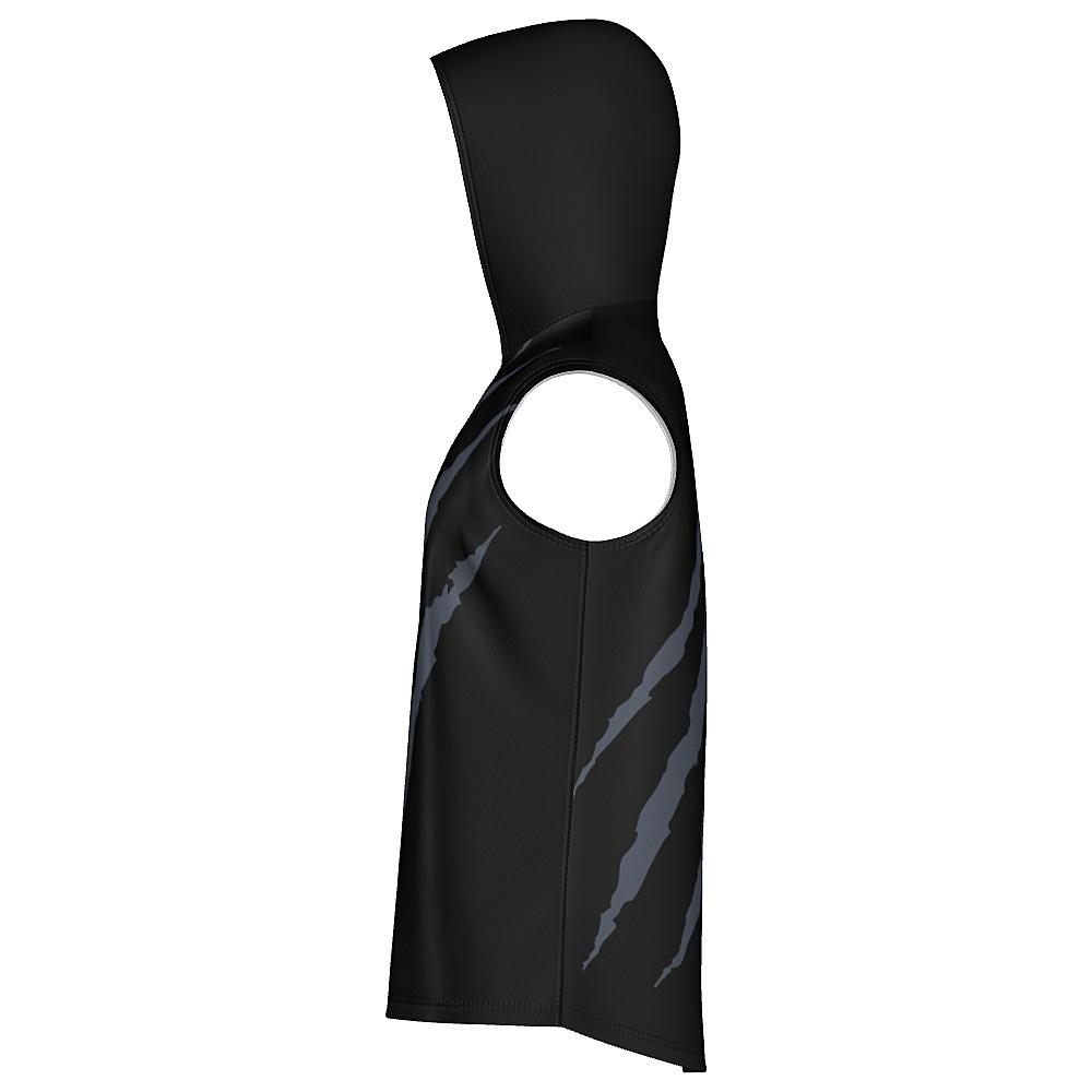 Black sleeveless hoodie with grey claw-mark design on a white background