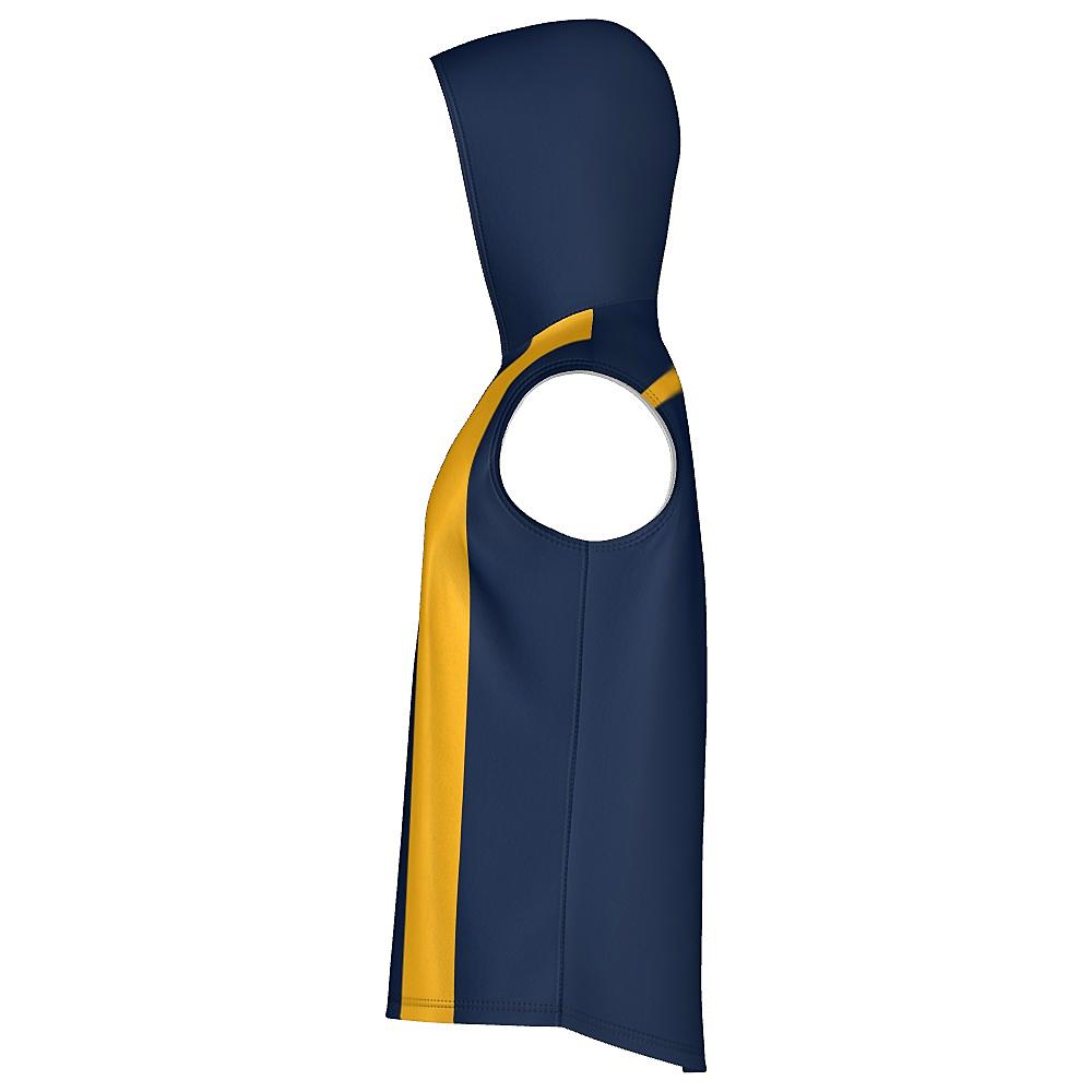 Navy sleeveless hoodie with yellow stripes on a white background