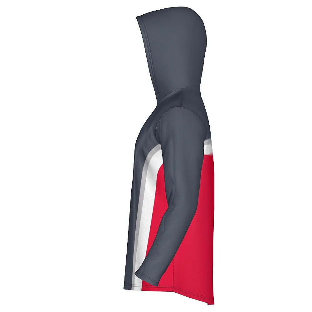 Grey hoodie with white and red accents on a white background