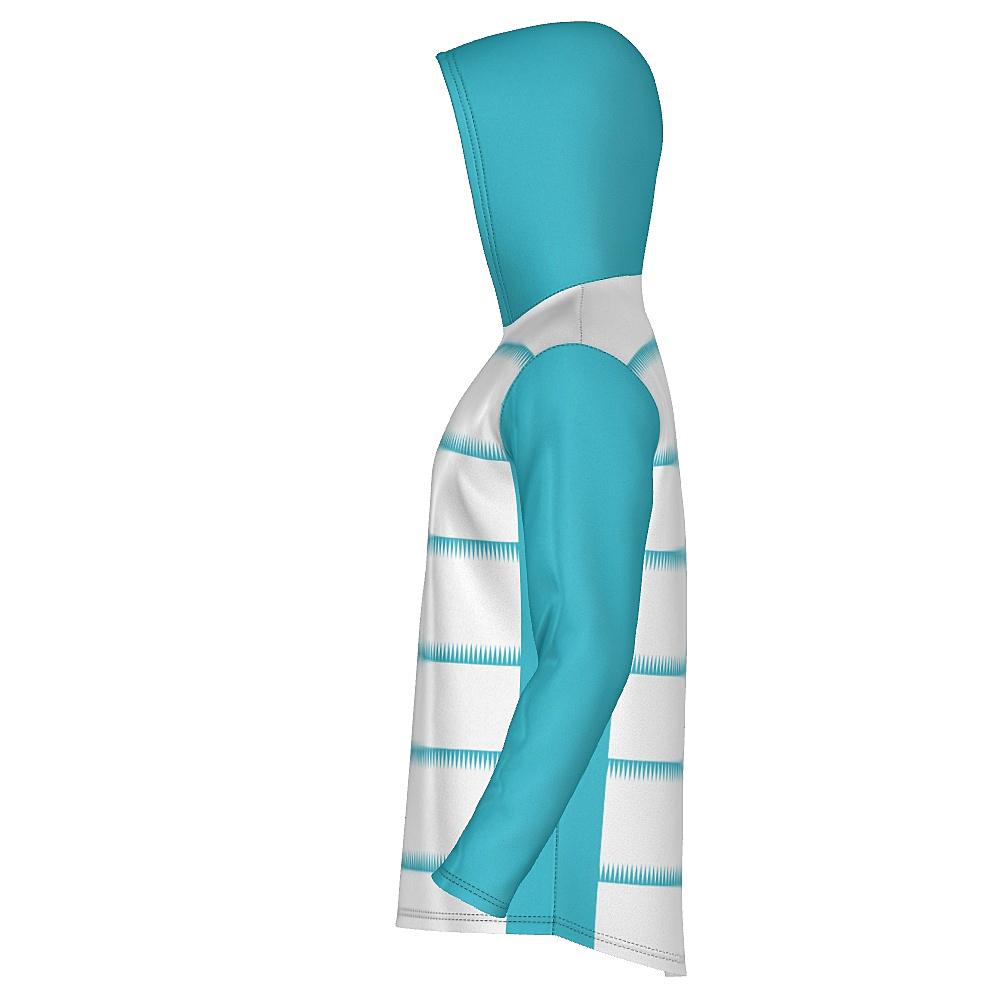 White hoodie with teal sleeves, hood and sawtooth stripes